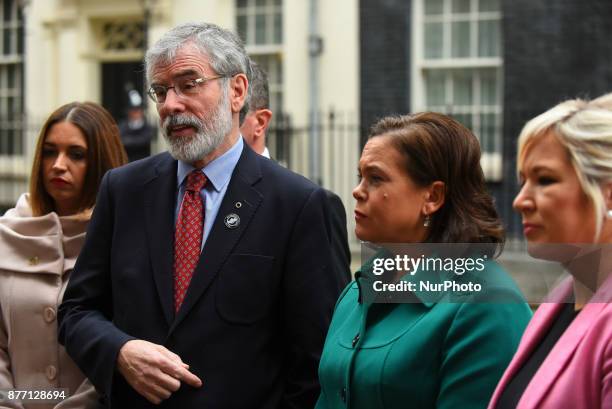 Ireland's Sinn Fein leader Gerry Adams, speaks to the press in Downing street following a meeting with British Prime Minister Theresa May in central...