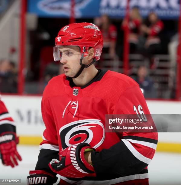 Marcus Kruger of the Carolina Hurricanes skates for position on the ice during an NHL game against the Dallas Stars on November 13, 2017 at PNC Arena...