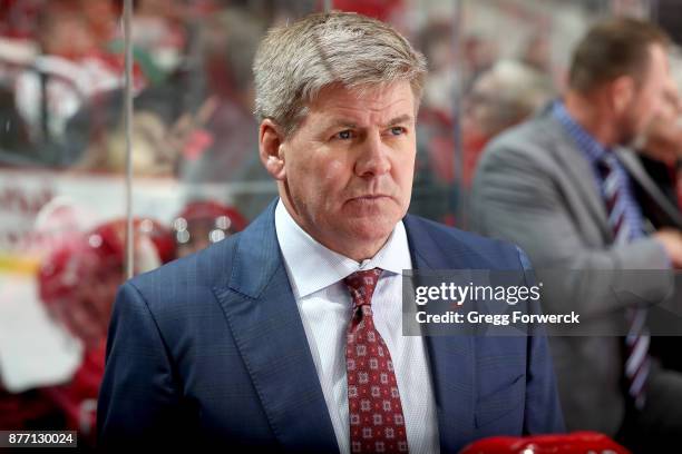 Bill Peters, head coach of the Carolina Hurricanes watches action on the ice during an NHL game against the Dallas Stars on November 13, 2017 at PNC...