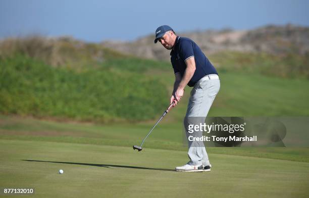 Colin Greenhill, Golfplan Commercial Director putts on the 7th green during Day One of the SkyCaddie PGA Pro-Captain Challenge Grand Final at Mazagan...