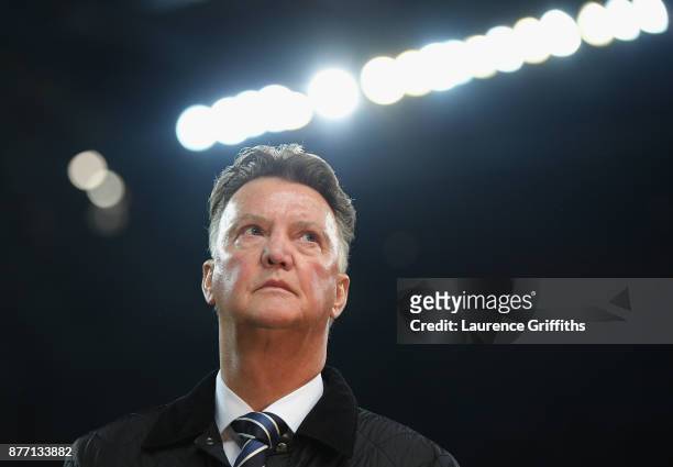 Louis van Gaal looks on prior to the UEFA Champions League group F match between Manchester City and Feyenoord at Etihad Stadium on November 21, 2017...