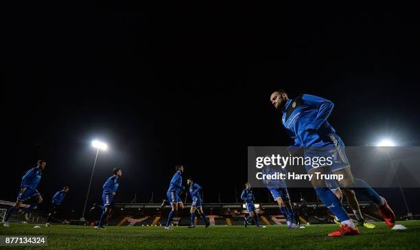 Members of the Notts County side warm up during the Sky Bet League Two match between Yeovil Town and Notts County at Huish Park on November 21, 2017...