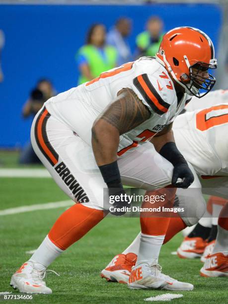 Right tackle Zach Banner of the Cleveland Browns awaits the snap from his position in the third quarter of a game on November 12, 2017 against the...