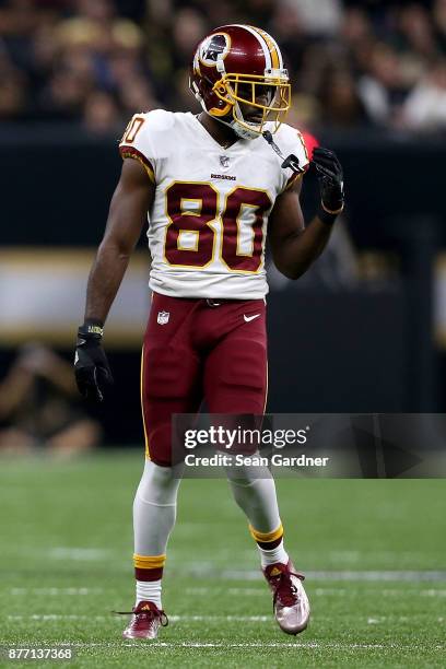 Jamison Crowder of the Washington Redskins stands at the line of scrimage during a NFL game against the New Orleans Saints at the Mercedes-Benz...