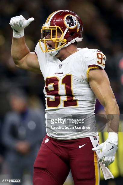 Ryan Kerrigan of the Washington Redskins reacts after a play during a NFL game against the New Orleans Saints at the Mercedes-Benz Superdome on...