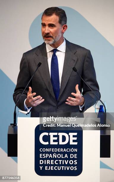 King Felipe VI of Spain attends the CEDE Congress Closing at Auditorio de la Diputacion de Alicante on November 21, 2017 in Valencia, Spain.