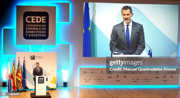 King Felipe VI of Spain attends the CEDE Congress Closing at Auditorio de la Diputacion de Alicante on November 21, 2017 in Valencia, Spain.