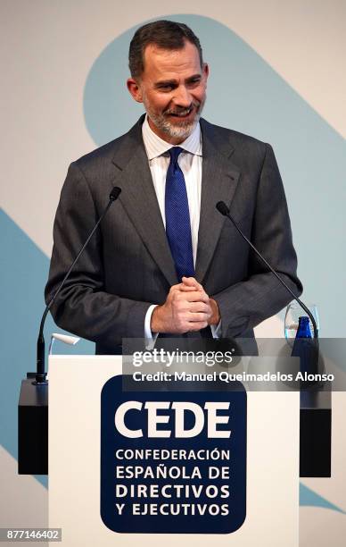 King Felipe VI of Spain attends the CEDE Congress Closing at Auditorio de la Diputacion de Alicante on November 21, 2017 in Valencia, Spain.