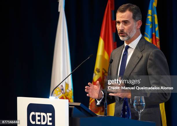 King Felipe VI of Spain attends the CEDE Congress Closing at Auditorio de la Diputacion de Alicante on November 21, 2017 in Valencia, Spain.