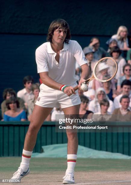 Adriano Panatta of Italy in action during the Wimbledon Lawn Tennis Championships at the All England Lawn Tennis and Croquet Club, circa June, 1979...