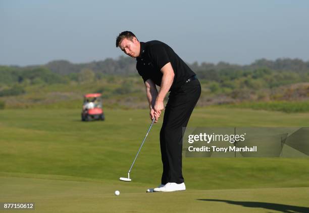 Ross Parker, PGA Head of Sponsorship putts on the 18th green during Day One of the SkyCaddie PGA Pro-Captain Challenge Grand Final at Mazagan Beach...