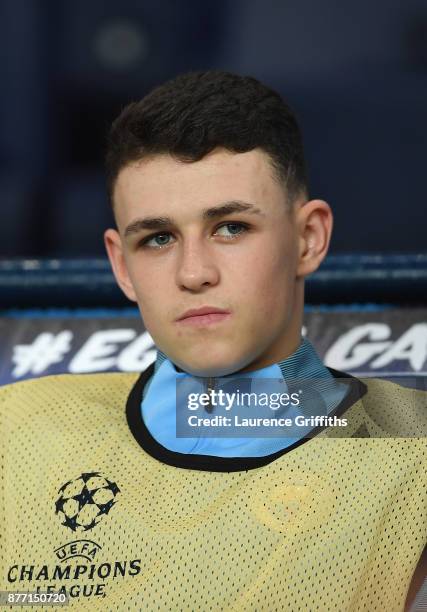 Phil Foden of Manchester City looks on during the UEFA Champions League group F match between Manchester City and Feyenoord at Etihad Stadium on...