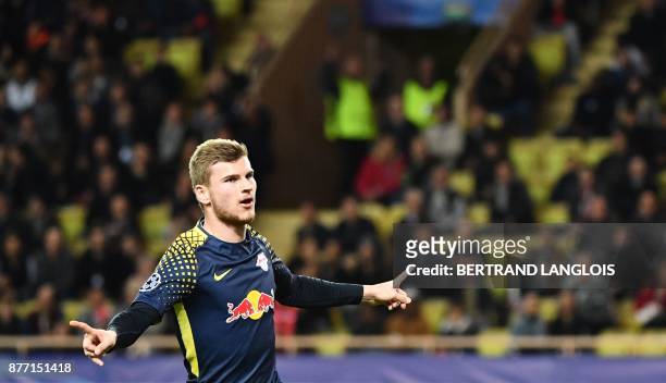 Leipzig's German forward Timo Werner celebrates after scoring a goal during the UEFA Champions League group G football match between Monaco and...