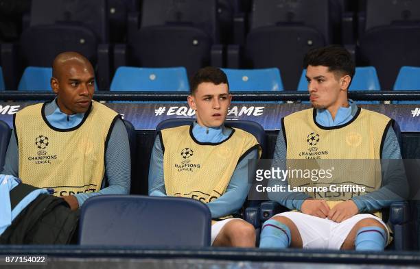 Phil Foden of Manchester City and Fernandinho of Manchester City looks on during the UEFA Champions League group F match between Manchester City and...