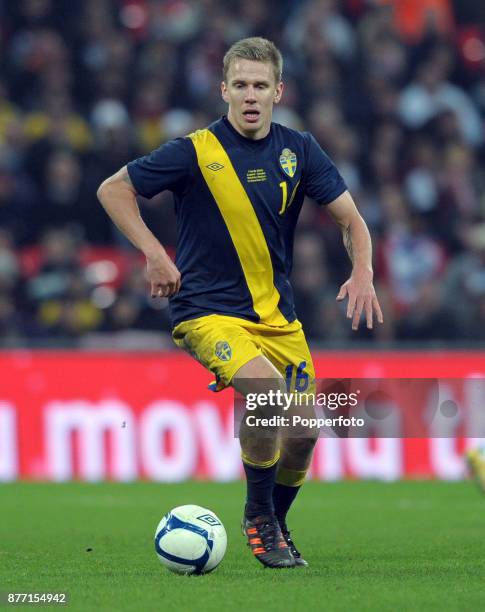 Pontus Wernbloom of Sweden in action during the International Friendly match between England and Sweden at Wembley Stadium on November 15, 2011 in...