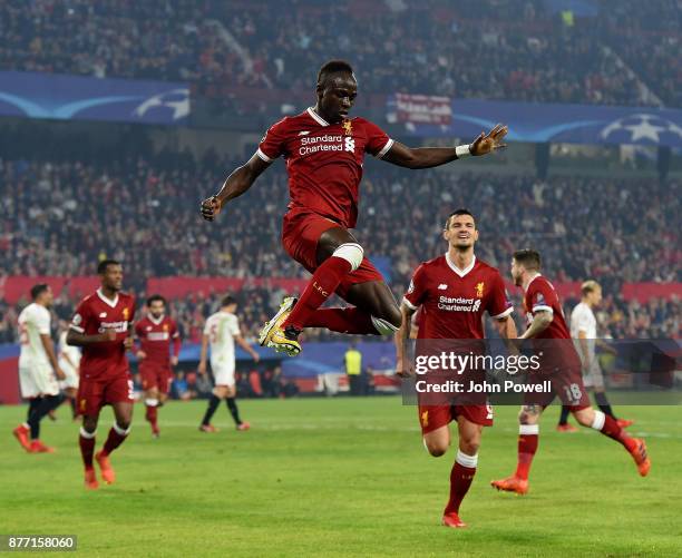 Sadio Mane of Liverpool celebrates after scoring the second goal during the UEFA Champions League group E match between Sevilla FC and Liverpool FC...