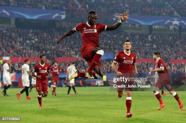 Sadio Mane of Liverpool celebrates after scoring the second goal during the UEFA Champions League group E match between Sevilla FC and Liverpool FC...