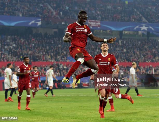 Sadio Mane of Liverpool celebrates after scoring the second goal during the UEFA Champions League group E match between Sevilla FC and Liverpool FC...
