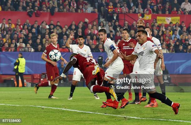 Sadio Mane of Liverpool scores the second goal during the UEFA Champions League group E match between Sevilla FC and Liverpool FC at Estadio Ramon...