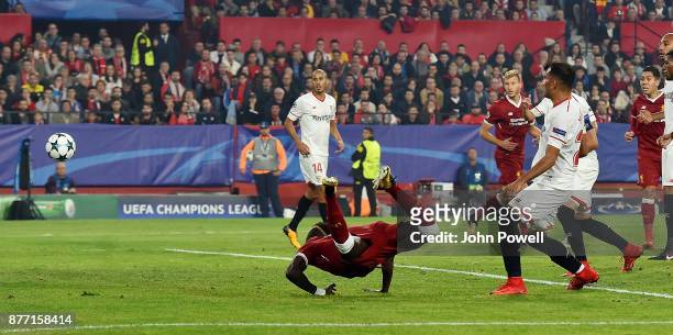 Sadio Mane of Liverpool scores the second goal during the UEFA Champions League group E match between Sevilla FC and Liverpool FC at Estadio Ramon...