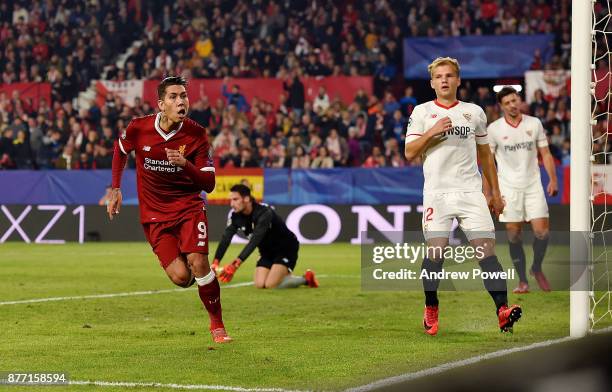 Roberto Firmino of Liverpool celebrates after scoring the third goal during the UEFA Champions League group E match between Sevilla FC and Liverpool...