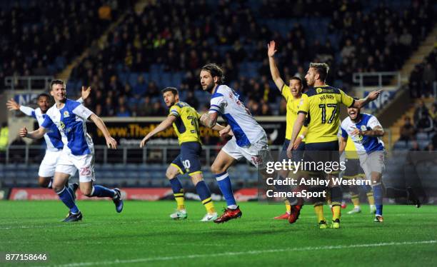 Blackburn Rovers' Charlie Mulgrew celebrates scoring the opening goal during the Sky Bet League One match between Oxford United and Blackburn Rovers...