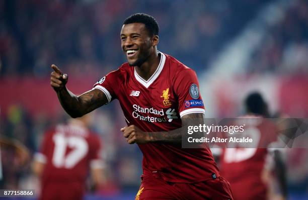 Georginio Wijnaldum of Liverpool FC reacts during the UEFA Champions League group E match between Sevilla FC and Liverpool FC at Estadio Ramon...