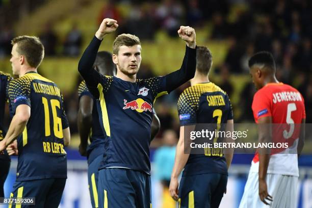 Leipzig's German forward Timo Werner celebrates after scoring a goal during the UEFA Champions League group G football match between Monaco and...