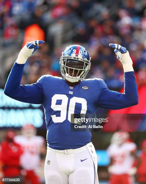 Jason Pierre-Paul of the New York Giants in action against the Kansas City Chiefs during their game at MetLife Stadium on November 19, 2017 in East...