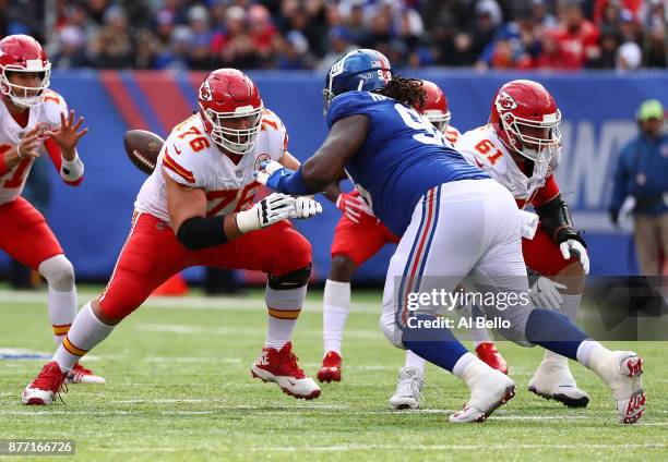 Laurent Duvernay-Tardif of the Kansas City Chiefs defends against Damon Harrison of the New York Giants during their game at MetLife Stadium on...