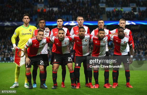Feyenoord players line up for a photo prior to the UEFA Champions League group F match between Manchester City and Feyenoord at Etihad Stadium on...