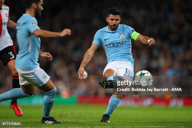 Sergio Aguero of Manchester City during the UEFA Champions League group F match between Manchester City and Feyenoord at Etihad Stadium on November...