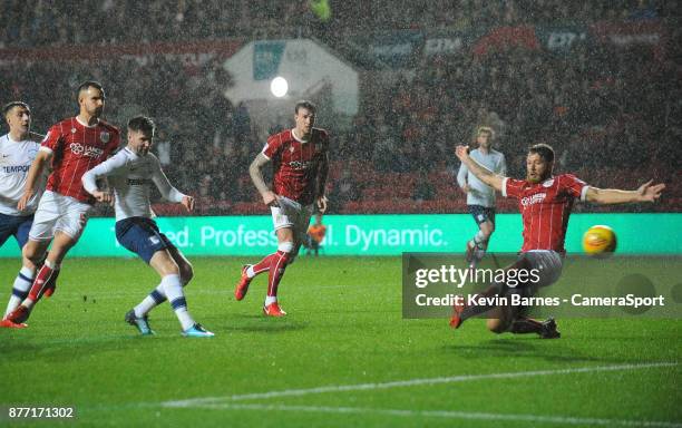 Preston North End's Paul Gallagher scores his sides first goal during the Sky Bet Championship match between Bristol City and Preston North End at...