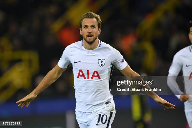 Harry Kane of Tottenham Hotspur celebrates scoring his sides first goal during the UEFA Champions League group H match between Borussia Dortmund and...