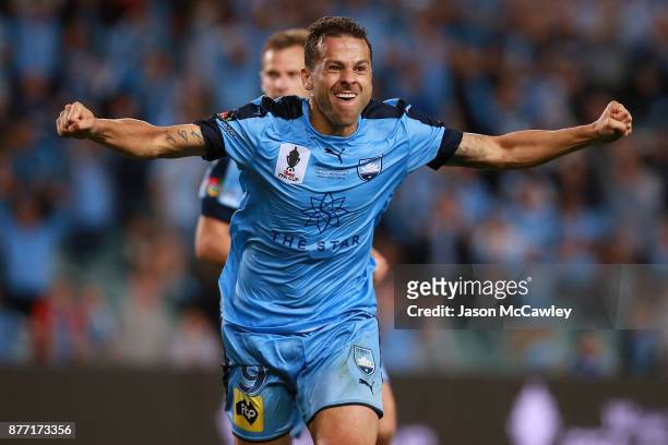 Bobo of Sydney celebrates scoring the winning goal in extra time during the FFA Cup Final match between Sydney FC and Adelaide United at Allianz...