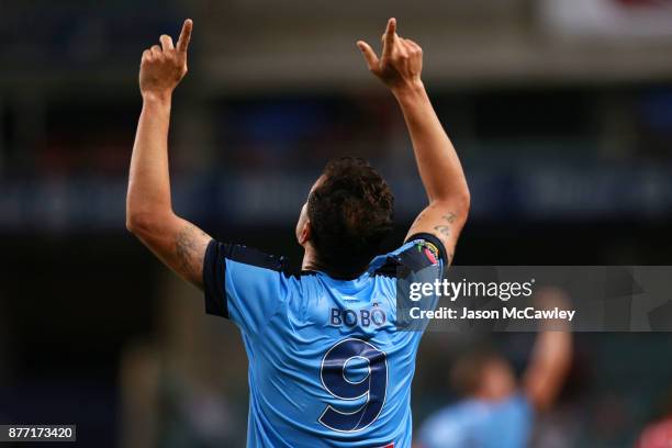 Bobo of Sydney celebrates scoring the winning goal in extra time during the FFA Cup Final match between Sydney FC and Adelaide United at Allianz...