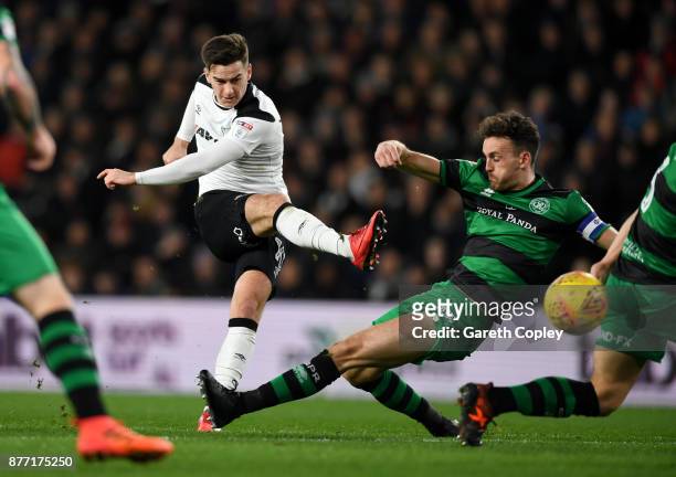 Tom Lawrence of Derby scores his team's second goal during the Sky Bet Championship match between Derby County and Queens Park Rangers at iPro...