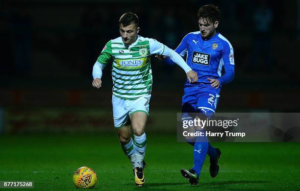 Otis Khan of Yeovil Town is tackled by Matt Tootle of Notts County during the Sky Bet League Two match between Yeovil Town and Notts County at Huish...