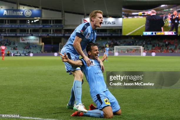Bobo of Sydney celebrates the match winning goal in extra time with Matt Simon during the FFA Cup Final match between Sydney FC and Adelaide United...