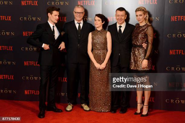 Matt Smith, Stephen Daldry, Claire Foy, Peter Morgan and Vanessa Kirby attend the World Premiere of season 2 of Netflix "The Crown" at Odeon...
