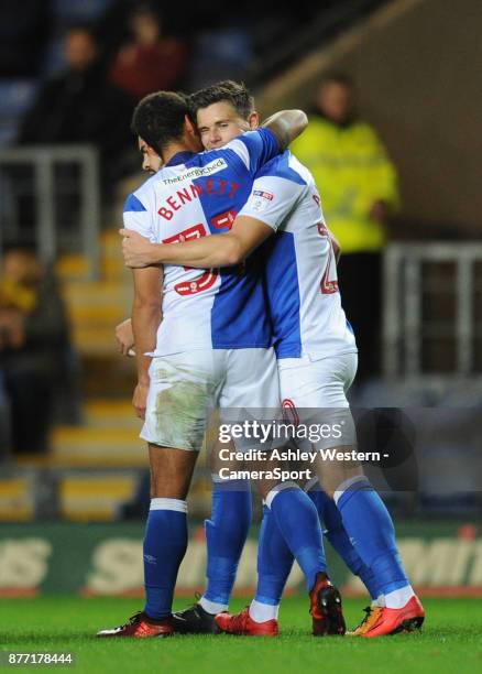 Blackburn Rovers' Marcus Antonsson congratulated by Elliott Bennett after scoring his sides 2nd goal during the Sky Bet League One match between...