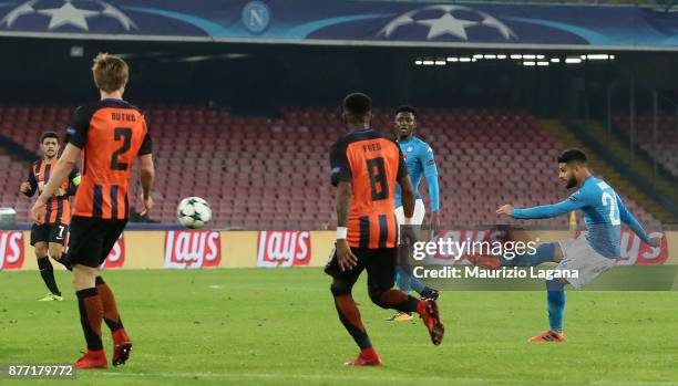 Lorenzo Insigne of Napoli scores his team's opening goal during the UEFA Champions League group F match between SSC Napoli and Shakhtar Donetsk at...