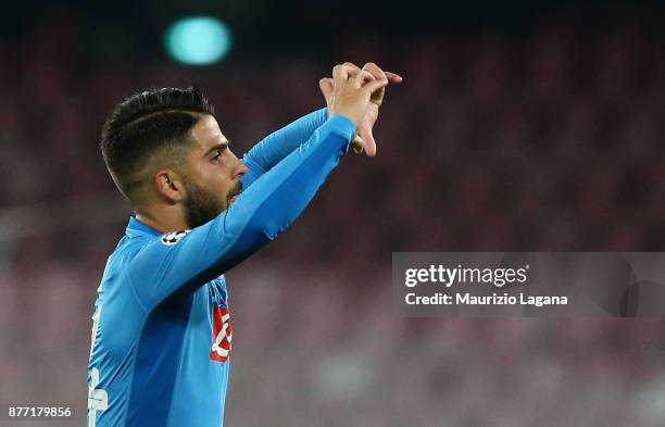 Lorenzo Insigne of Napoli celebrates after scoring his team's opening goal during the UEFA Champions League group F match between SSC Napoli and...