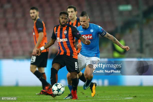 Fred of Shakhtar Donetsk vies Marek Hamsik of Napoli during the UEFA Champions League Group F football match Napoli vs Shakhtar Donetsk on November...