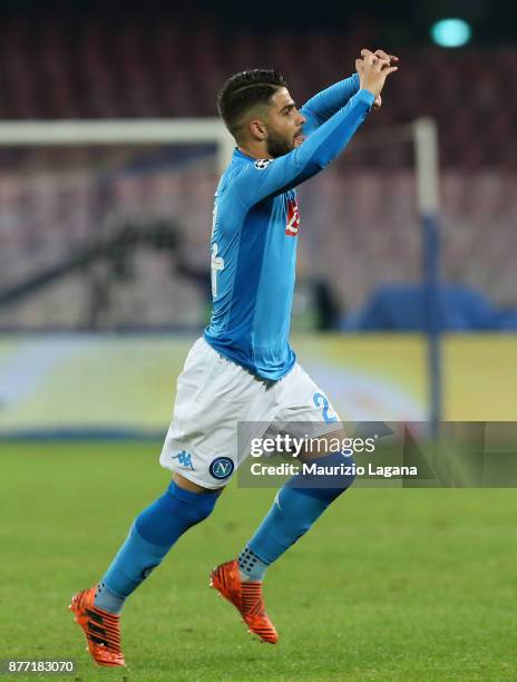 Lorenzo Insigne of Napoli celebrates after scoring his team's opening goal during the UEFA Champions League group F match between SSC Napoli and...