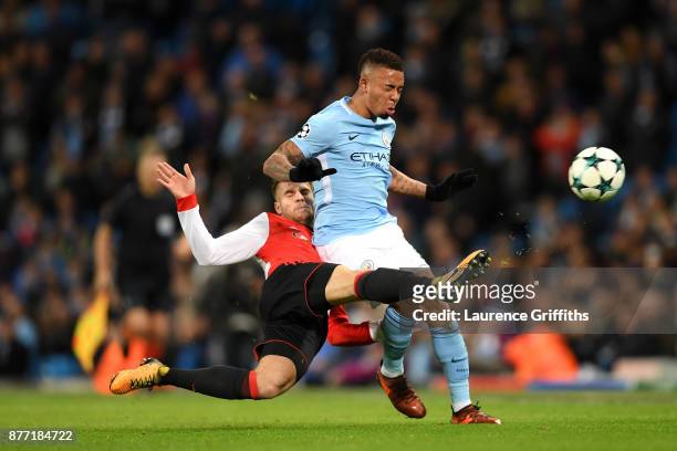 Bart Nieuwkoop of Feyenoord and Gabriel Jesus of Manchester City in action during the UEFA Champions League group F match between Manchester City and...