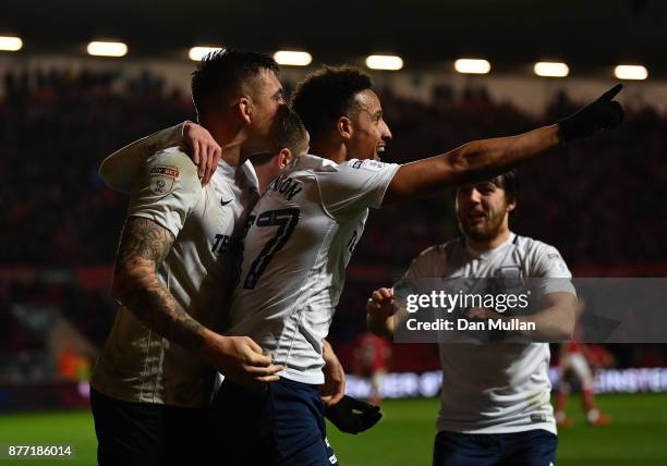 Callum Robinson of Preston North End celebrates scoring his side's second goal during the Sky Bet Championship match between Bristol City and Preston...