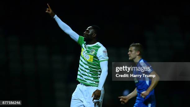 Francois Zoko of Yeovil Town celebrates his sides first goal during the Sky Bet League Two match between Yeovil Town and Notts County at Huish Park...