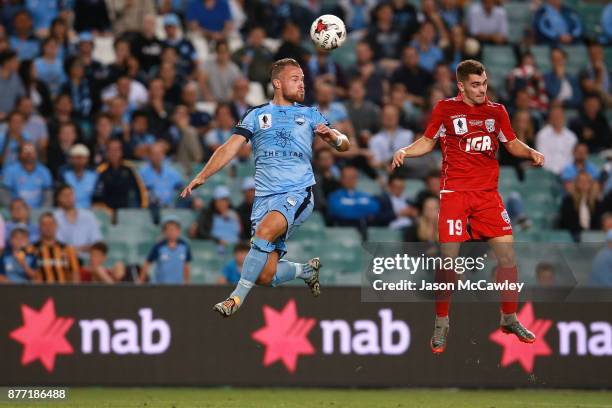 Jordy Buijs of Sydney heads the ball during the FFA Cup Final match between Sydney FC and Adelaide United at Allianz Stadium on November 21, 2017 in...