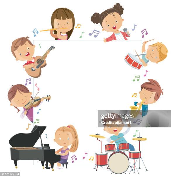 illustrations, cliparts, dessins animés et icônes de enfants tenant des instruments de musique qui entoure une planche vierge - enfant chant classe